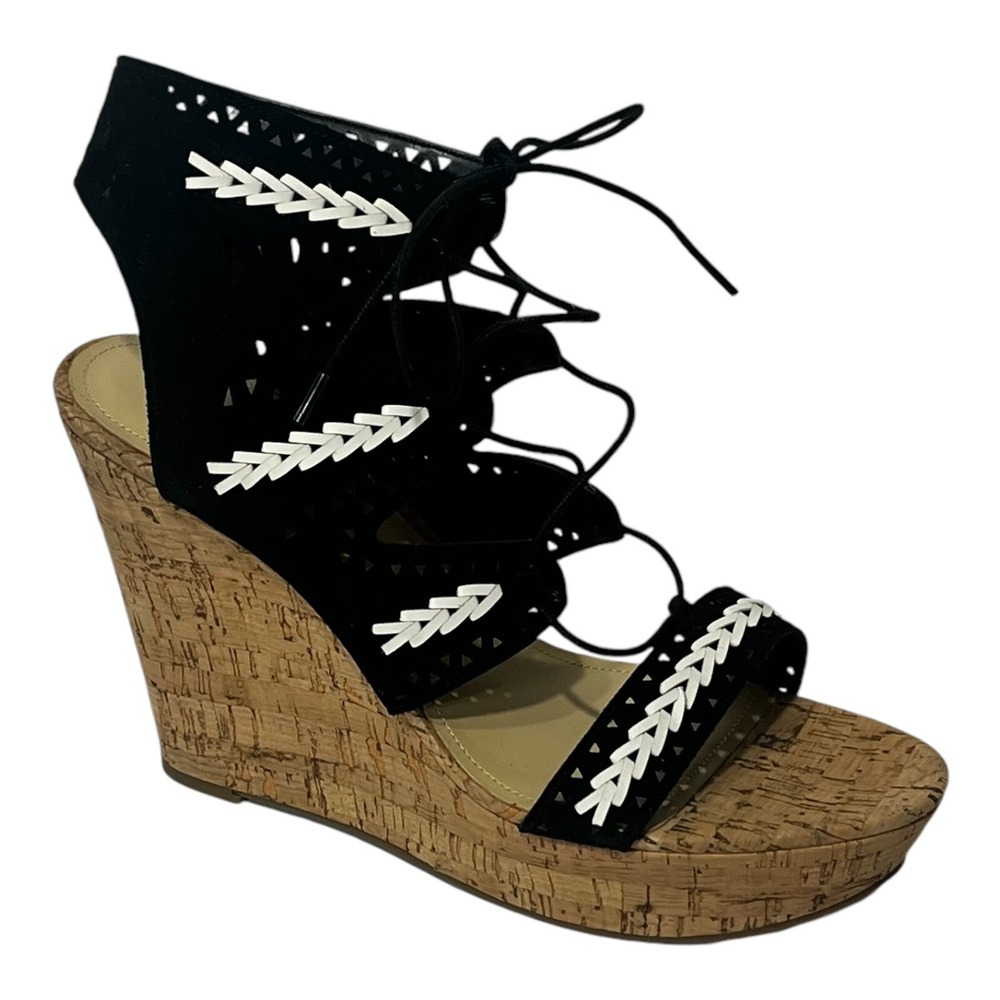 Marc Fisher Womens 11M‎ Black Suede Leather Lace Up Hosana Wedge Sandals